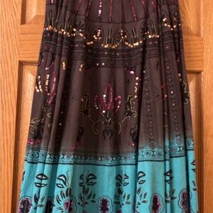 Embroidered Midi Skirt in Brown and Teal